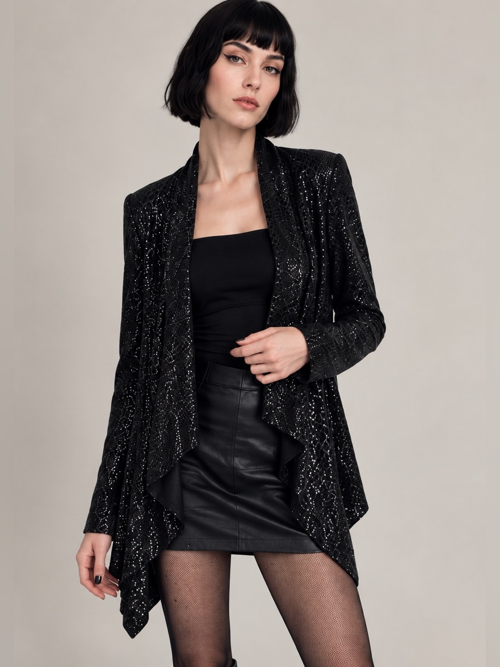NWT Ellen Tracy Mystique Black Glitter Open Front Cardigan Small